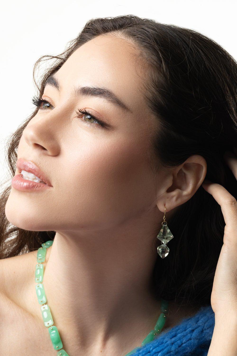 TEN THOUSAND THINGS-Green Amethyst Double Faceted Drop Earrings-YELLOW GOLD