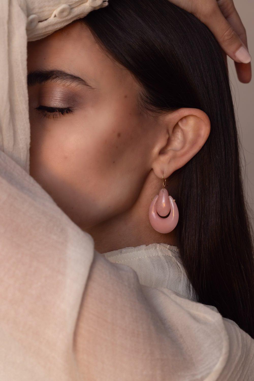TEN THOUSAND THINGS-Large O'Keeffe Pink Opal Earrings-YELLOW GOLD