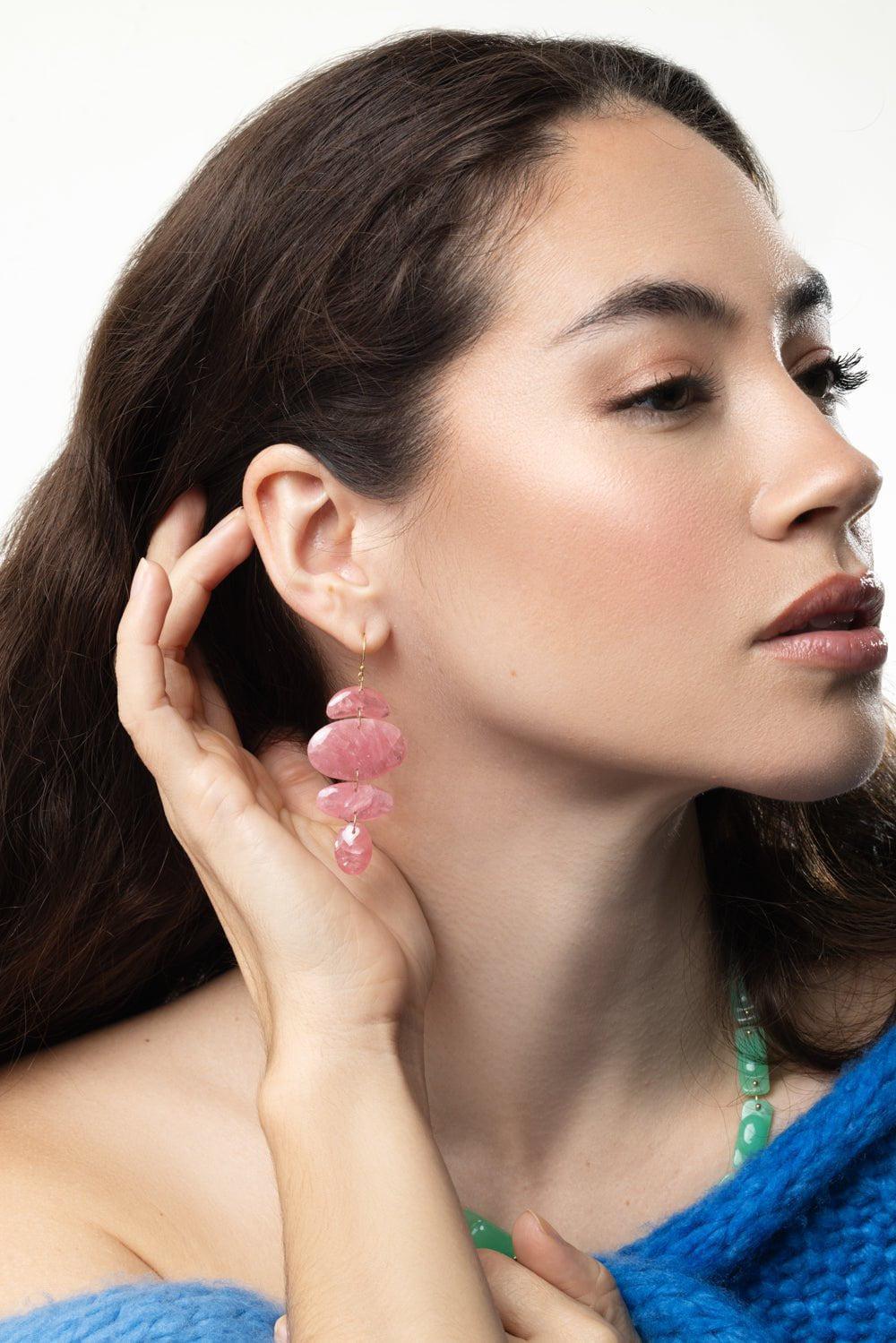 TEN THOUSAND THINGS-Rhodochrosite Oval Totem Earrings-YELLOW GOLD