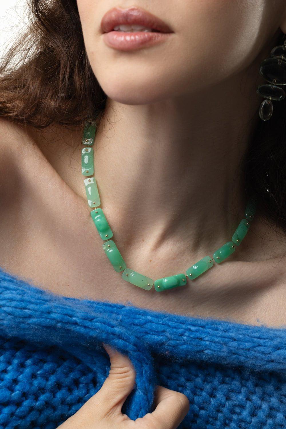 TEN THOUSAND THINGS-Chrysoprase Stone Tiles Necklace-YELLOW GOLD