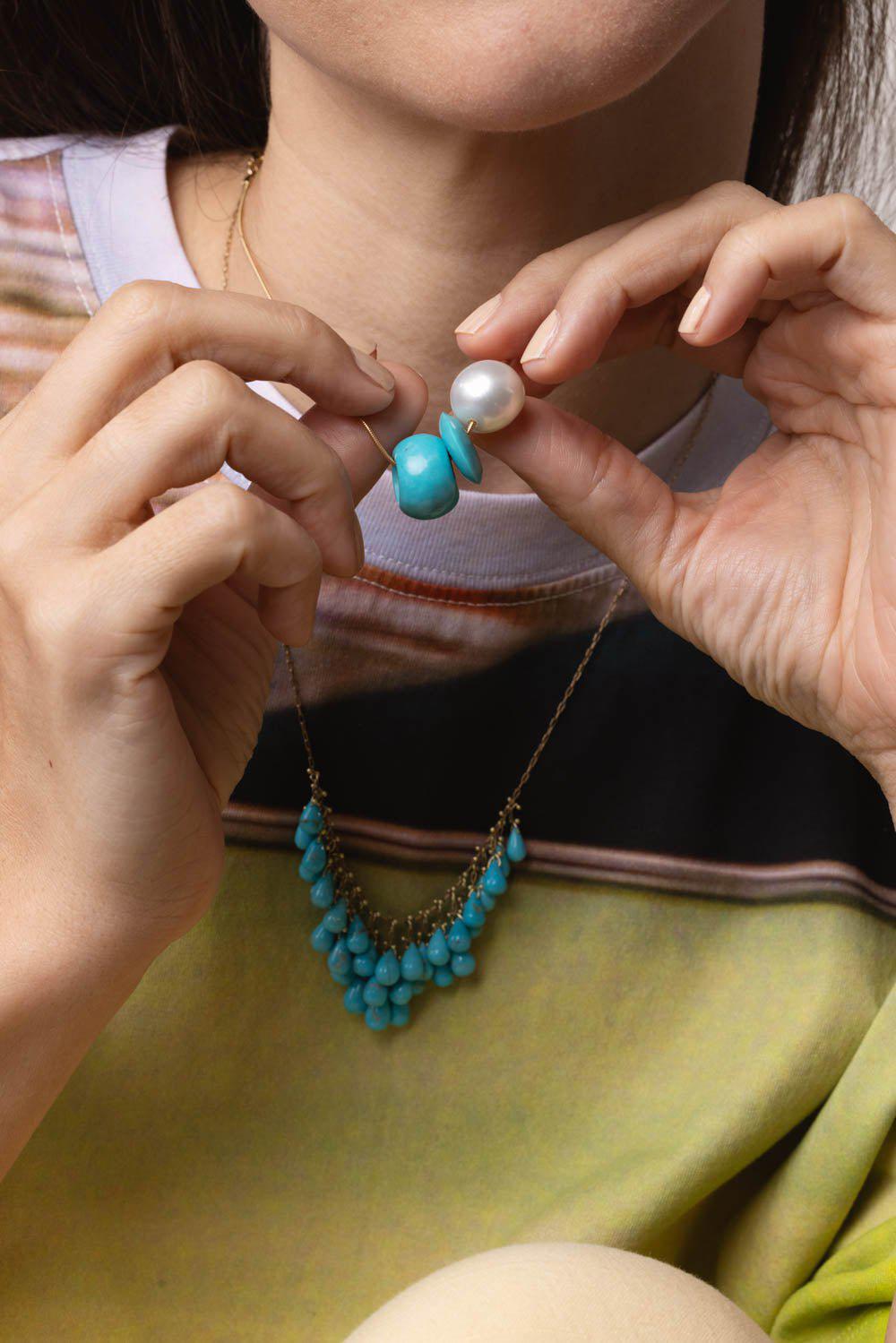 TEN THOUSAND THINGS-Turquoise Pearl Trade Bead Necklace-YELLOW GOLD