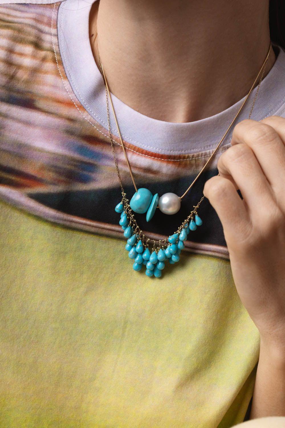 TEN THOUSAND THINGS-Turquoise Pearl Trade Bead Necklace-YELLOW GOLD