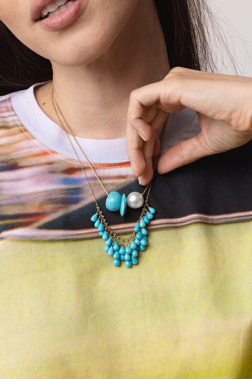 TEN THOUSAND THINGS-Turquoise Pearl Trade Bead Necklace-YELLOW GOLD