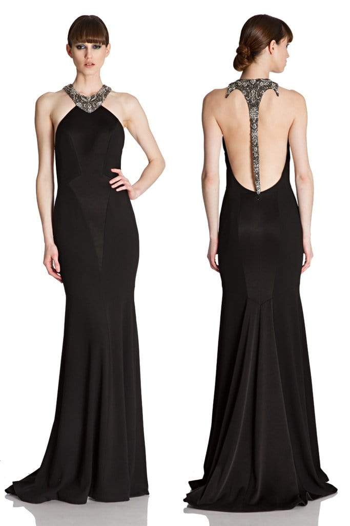 THEIA-Halter Beaded Back Mermaid Gown-
