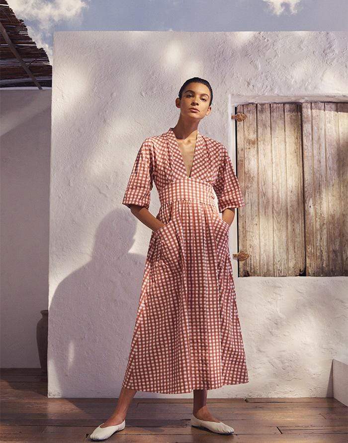THREE GRACES LONDON-Copper Gingham Charita Cotton Midi Dress-