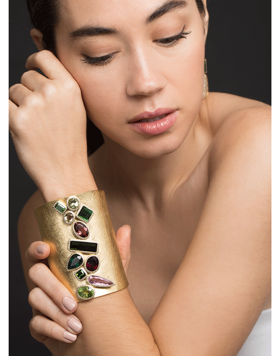 TODD REED-Large Multi Colored Tourmaline and Diamond Cuff-YELLOW GOLD