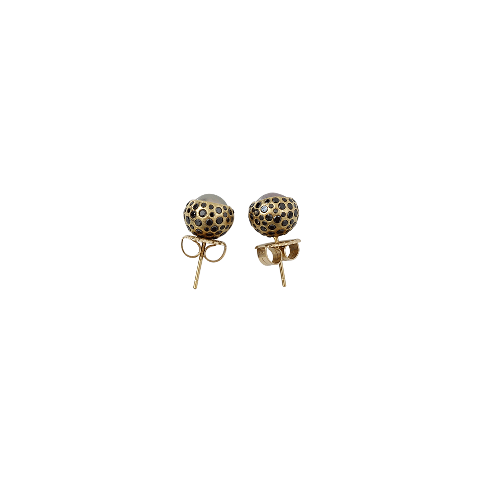 TODD REED-Tahitian Pearl And Black Diamond Stud Earrings-YELLOW GOLD