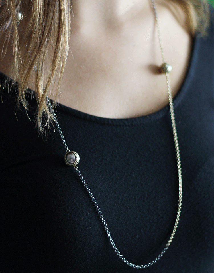 TODD REED-Tahitian Pearl And Black Diamond Station Necklace-YELLOW GOLD