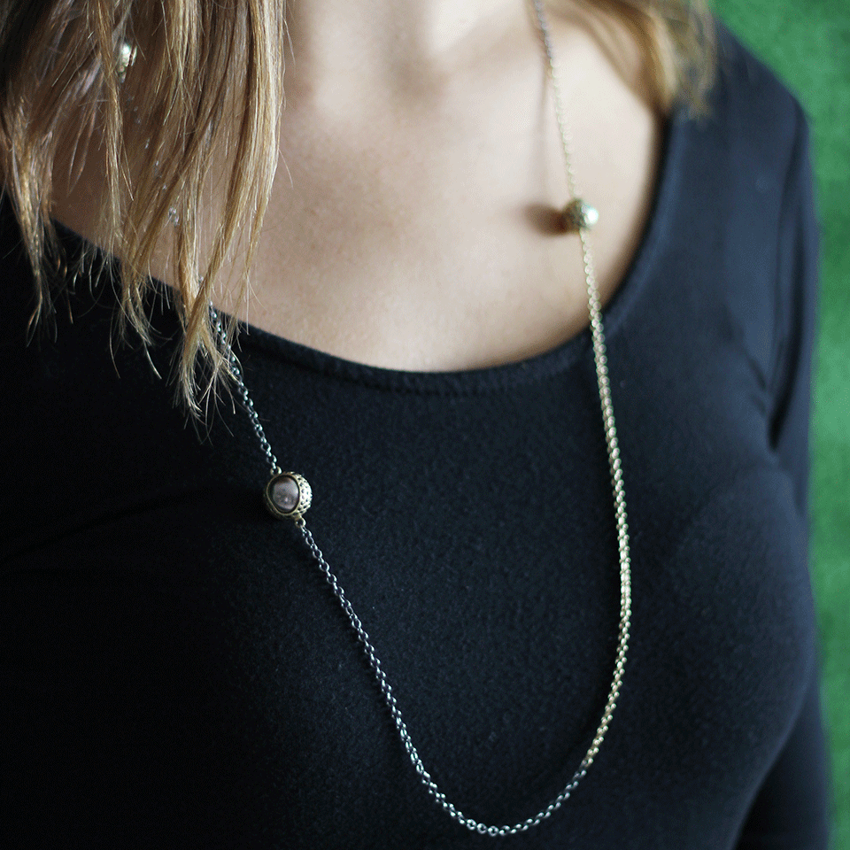 TODD REED-Tahitian Pearl And Black Diamond Station Necklace-YELLOW GOLD