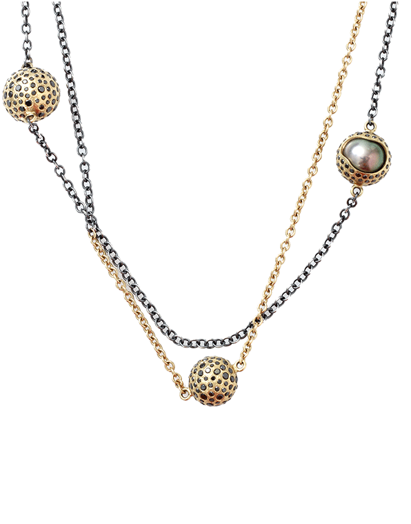 TODD REED-Tahitian Pearl And Black Diamond Station Necklace-YELLOW GOLD