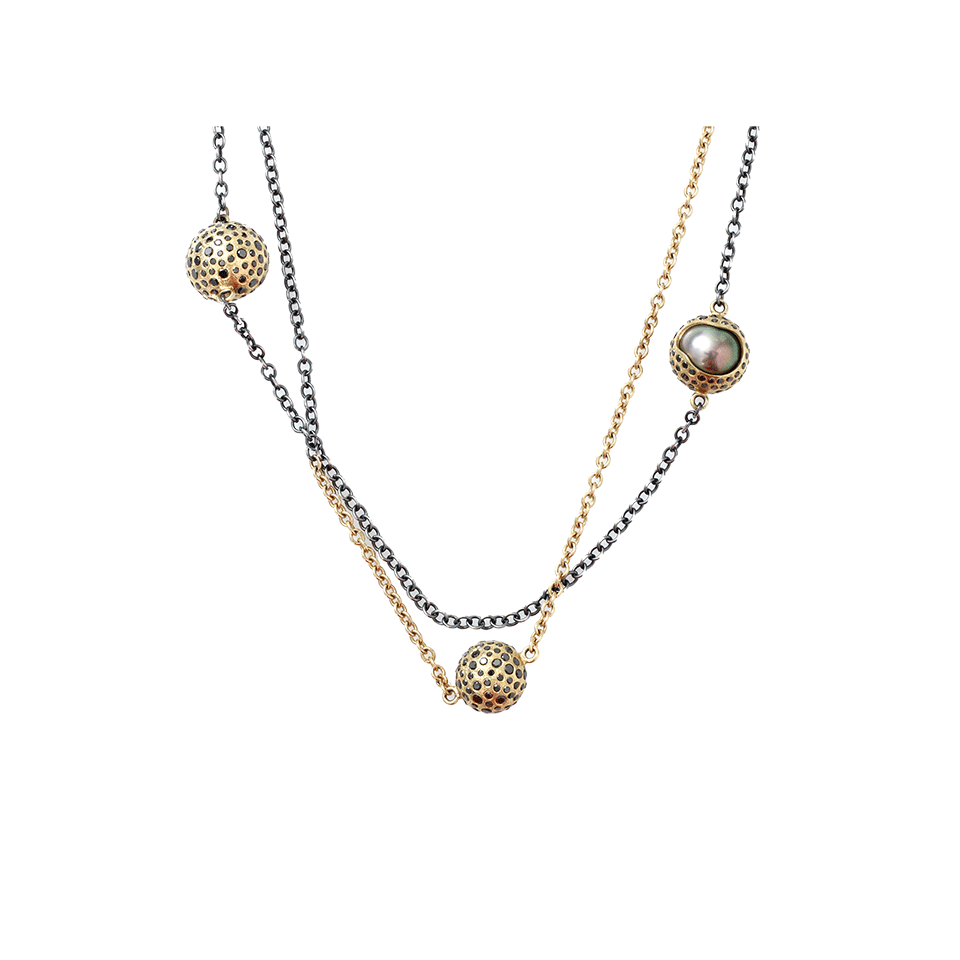 TODD REED-Tahitian Pearl And Black Diamond Station Necklace-YELLOW GOLD