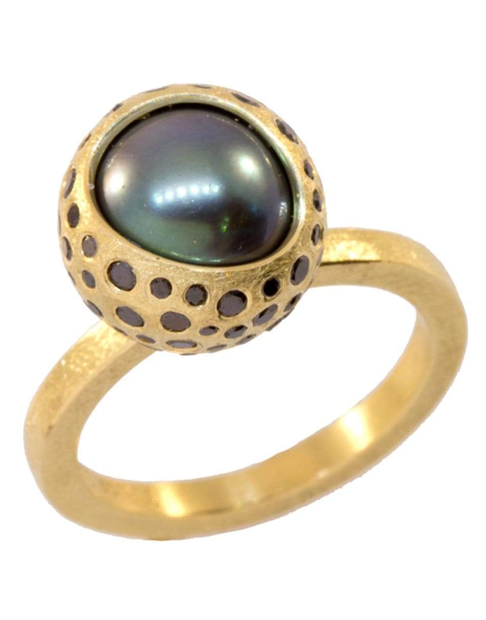 TODD REED-Tahitan Pearl and Black Brilliant Diamond Ring-YELLOW GOLD