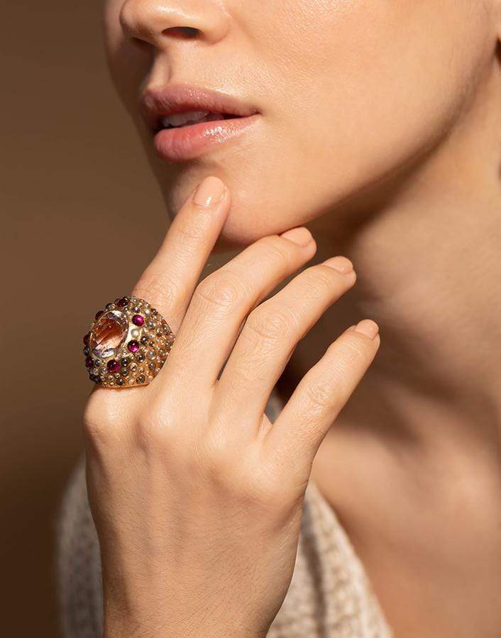 TODD REED-Morganite Ruby Diamond Ring-YELLOW GOLD