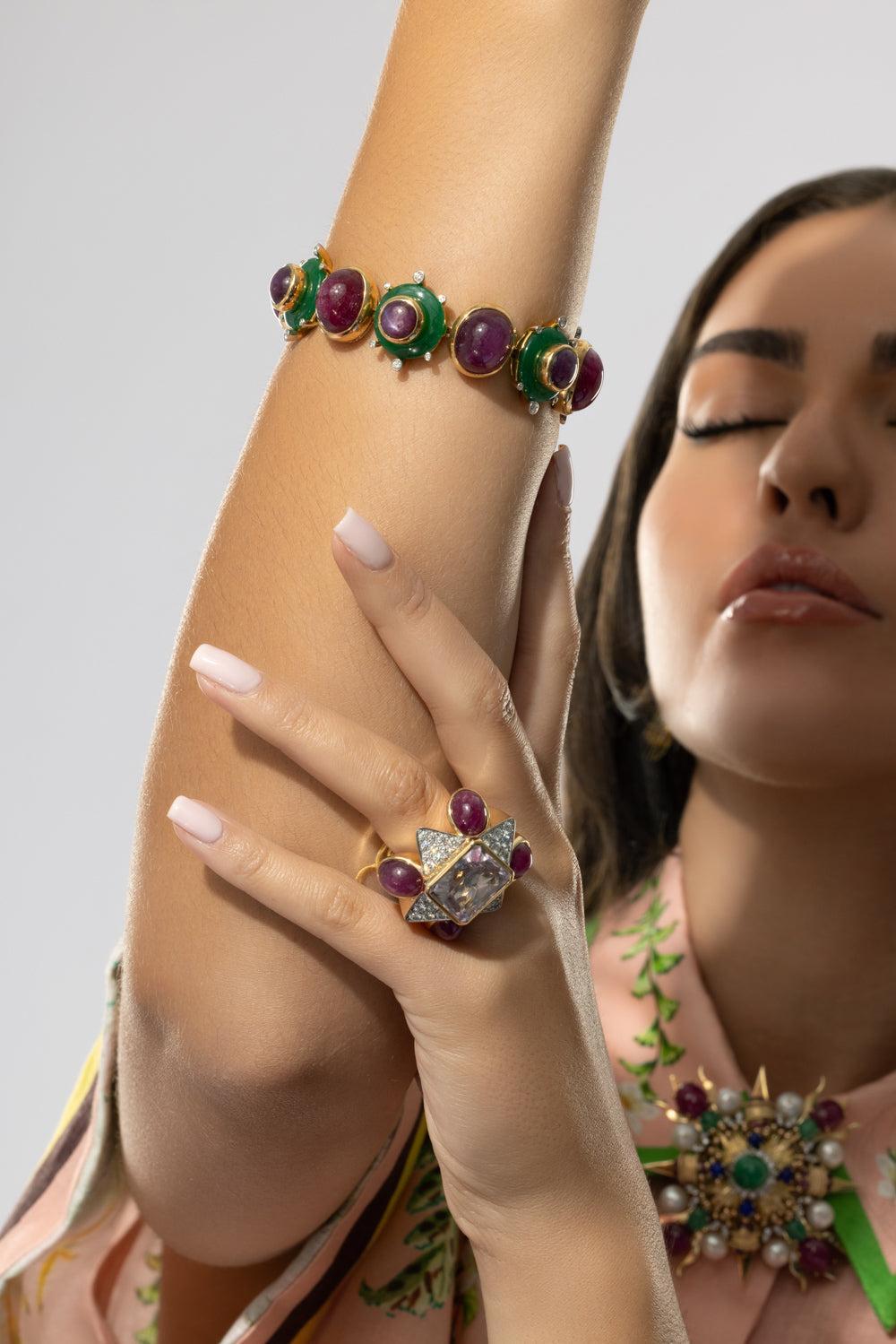 Ruby Agate Diamond Bracelet-YELLOW GOLD-JEWELRYFINE JEWELBRACELET O-TONY DUQUETTE