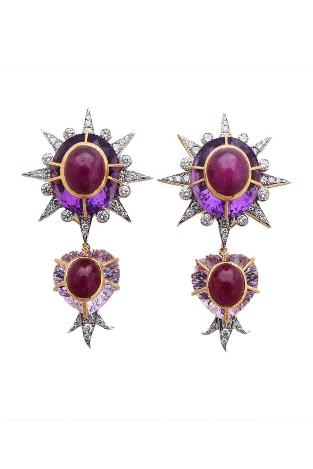Amethyst Diamond Heart Drop Earrings-YELLOW GOLD-JEWELRYFINE JEWELEARRING-TONY DUQUETTE