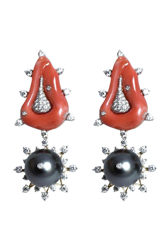 Coral Diamond Pearl Earrings-YELLOW GOLD-JEWELRYFINE JEWELEARRING-TONY DUQUETTE