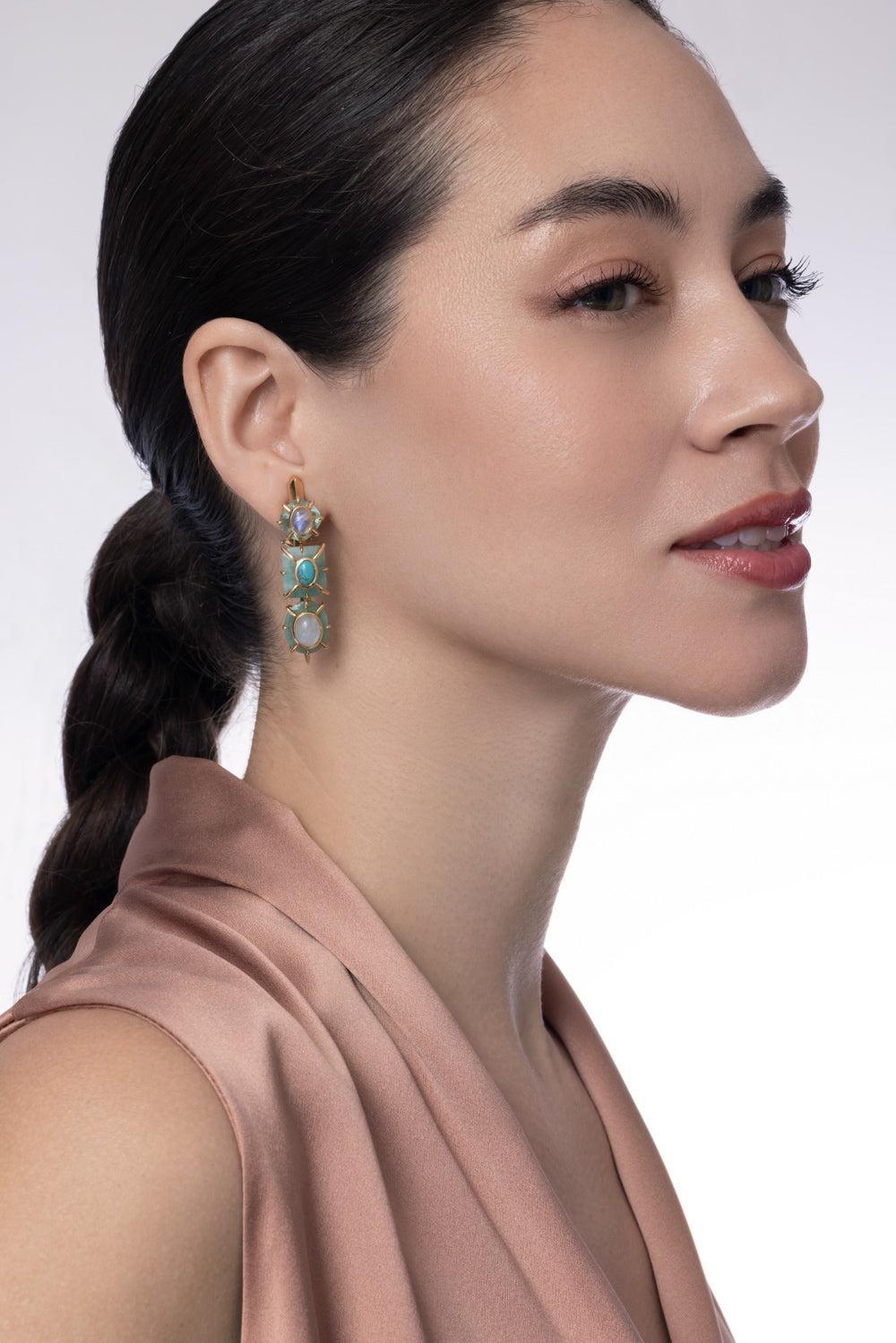 Emerald Moonstone Fluorite Turquoise Drop Earrings-YELLOW GOLD-JEWELRYFINE JEWELEARRING-TONY DUQUETTE