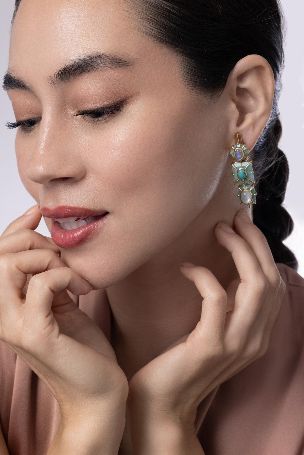 Emerald Moonstone Fluorite Turquoise Drop Earrings-YELLOW GOLD-JEWELRYFINE JEWELEARRING-TONY DUQUETTE