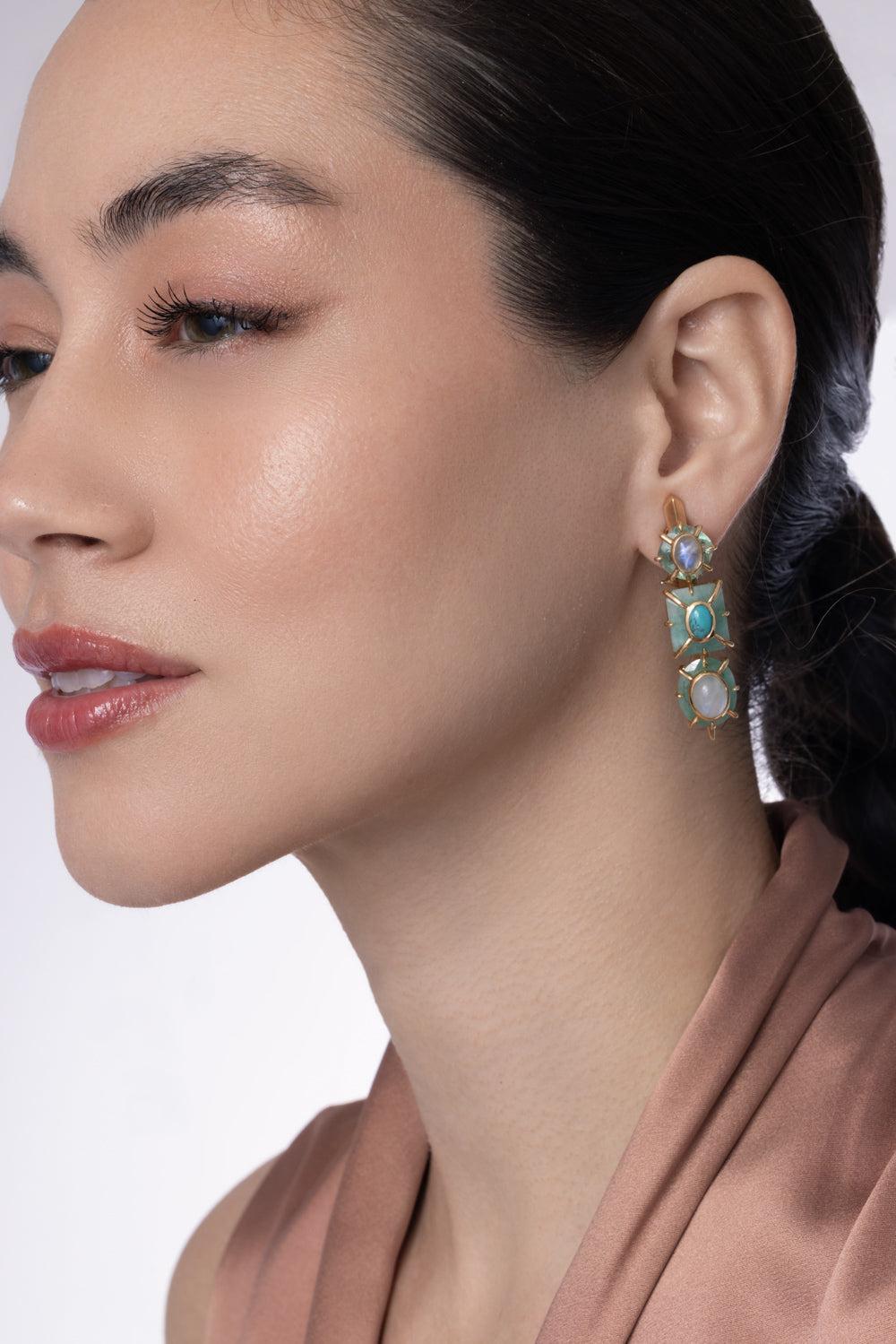 Emerald Moonstone Fluorite Turquoise Drop Earrings-YELLOW GOLD-JEWELRYFINE JEWELEARRING-TONY DUQUETTE