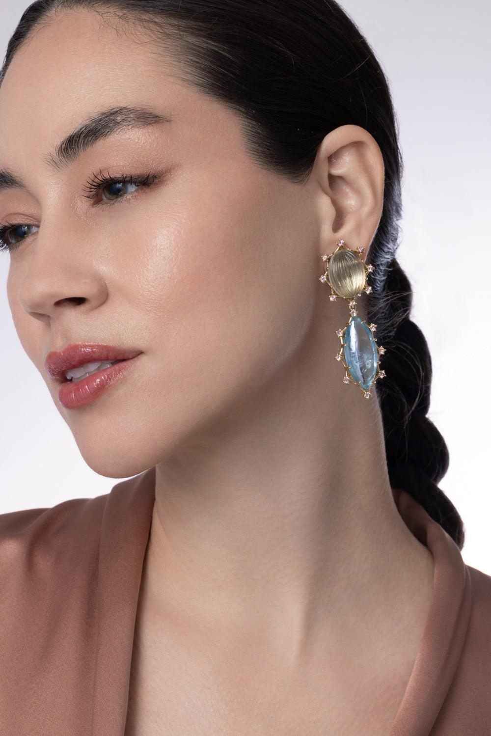 Green Amethyst Aquamarine Garnet Drop Earrings-YELLOW GOLD-JEWELRYFINE JEWELEARRING-TONY DUQUETTE