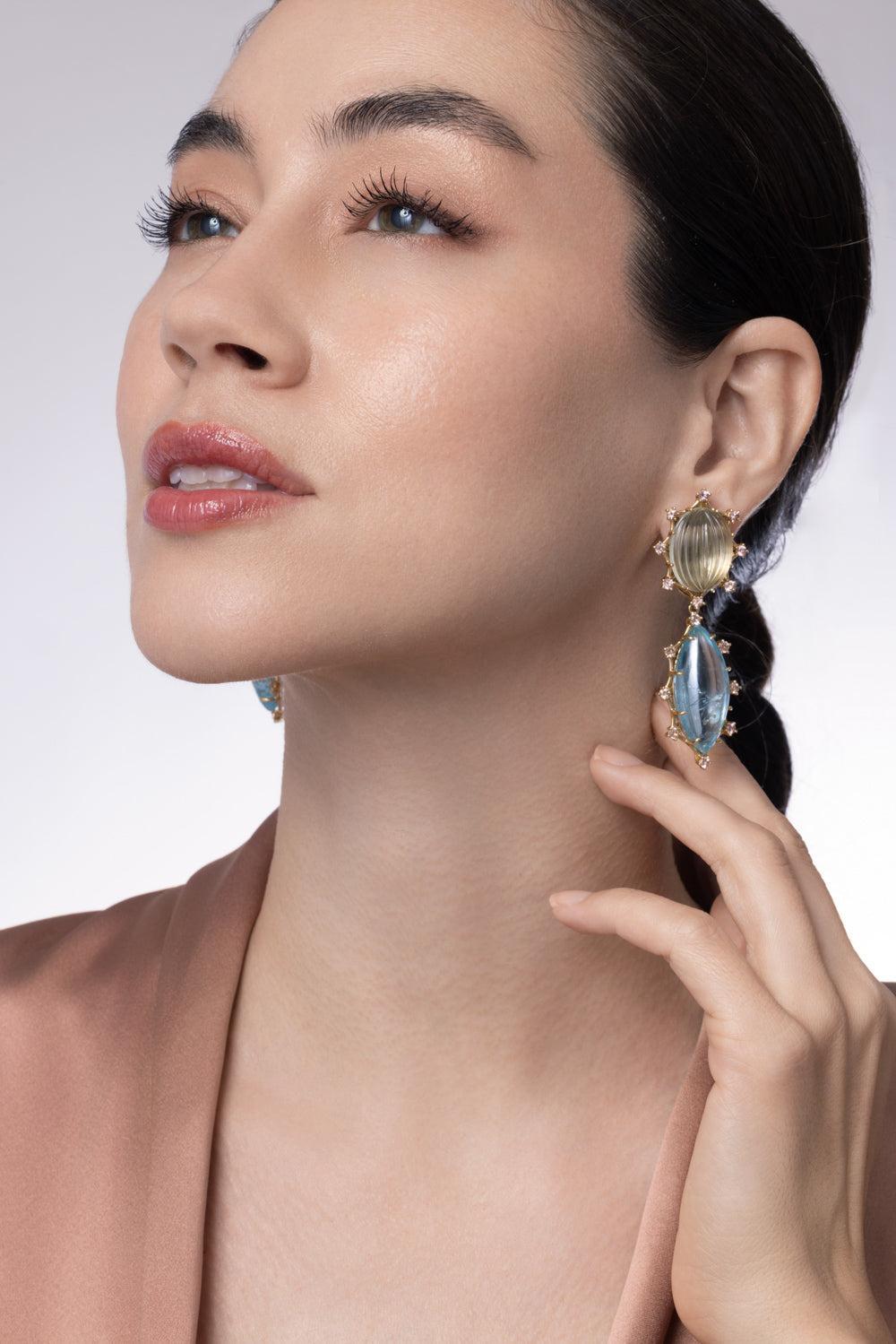 Green Amethyst Aquamarine Garnet Drop Earrings-YELLOW GOLD-JEWELRYFINE JEWELEARRING-TONY DUQUETTE
