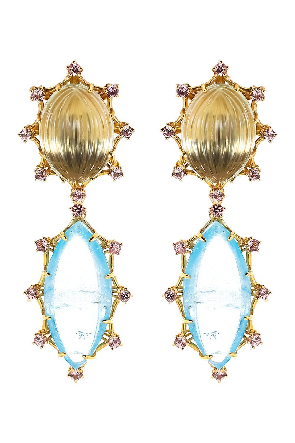 Green Amethyst Aquamarine Garnet Drop Earrings-YELLOW GOLD-JEWELRYFINE JEWELEARRING-TONY DUQUETTE
