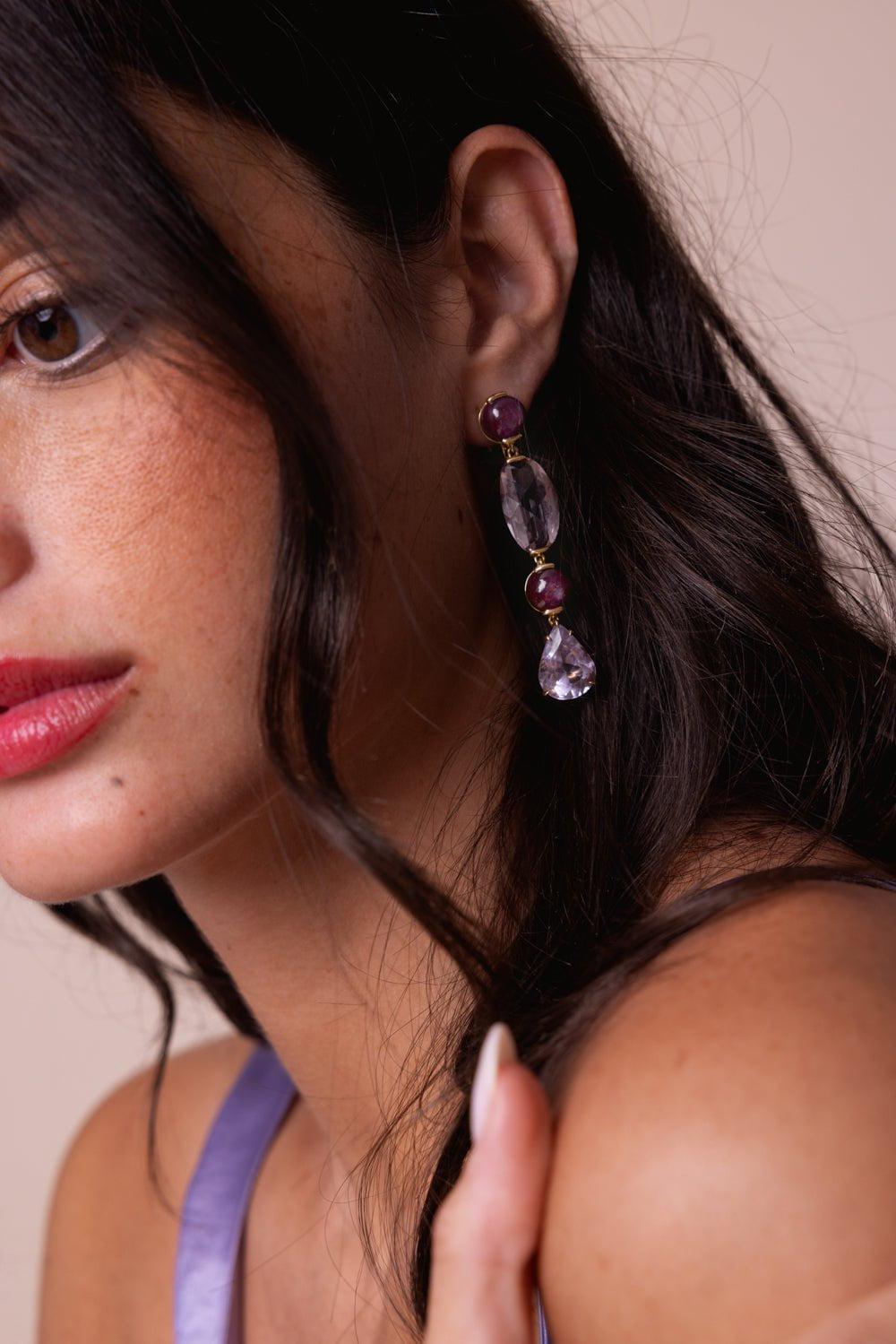 TONY DUQUETTE-Pink Amethyst Ruby Drop Earrings-YELLOW GOLD