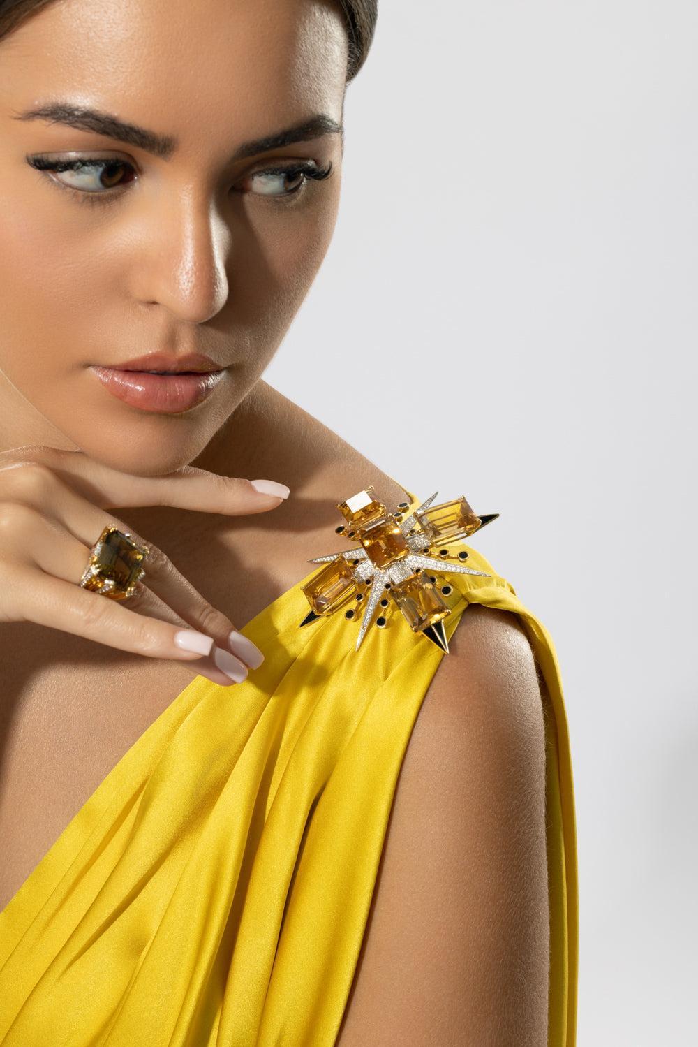 Citrine Diamond Enamel Brooch-YELLOW GOLD-JEWELRYFINE JEWELPIN-TONY DUQUETTE