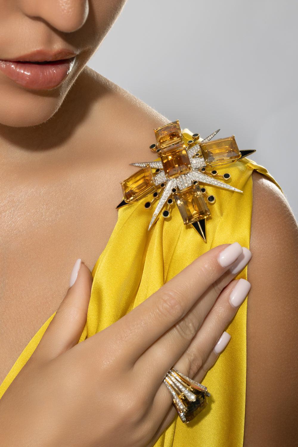 Citrine Diamond Enamel Brooch-YELLOW GOLD-JEWELRYFINE JEWELPIN-TONY DUQUETTE