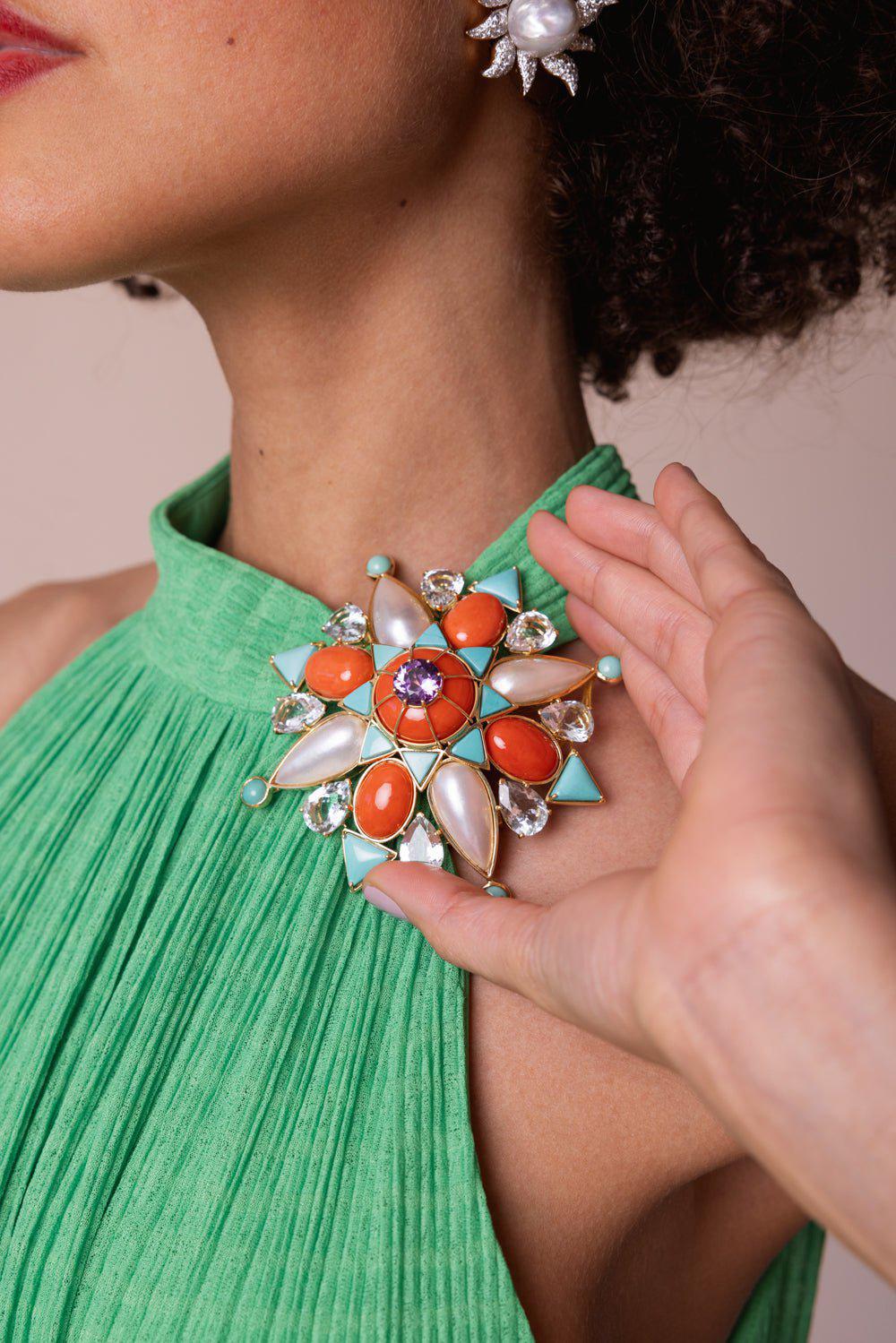 TONY DUQUETTE-Coral Turquoise Brooch-YELLOW GOLD