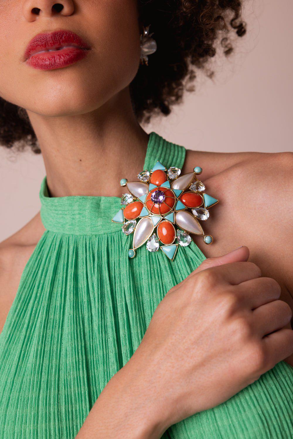 TONY DUQUETTE-Coral Turquoise Brooch-YELLOW GOLD