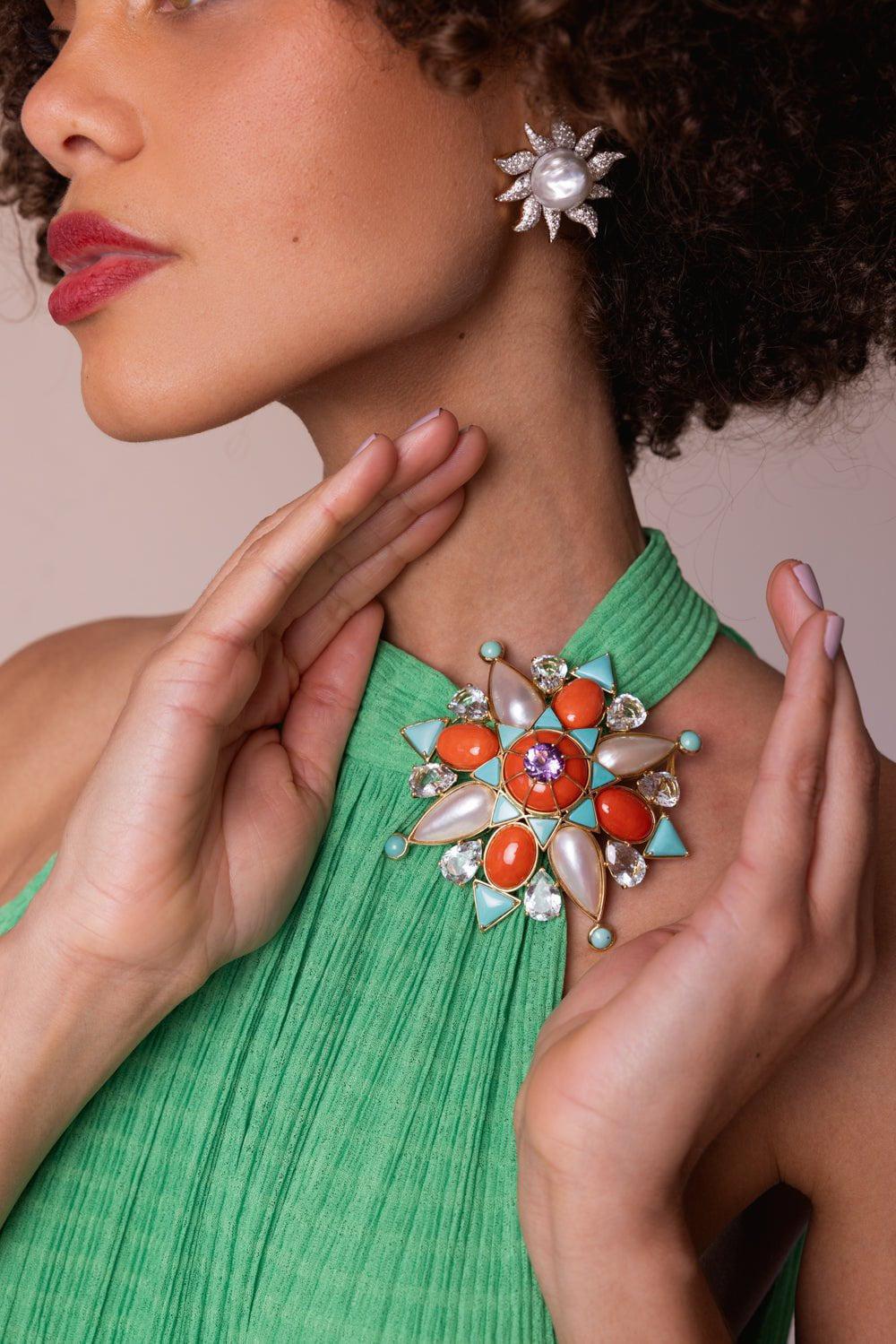 TONY DUQUETTE-Coral Turquoise Brooch-YELLOW GOLD