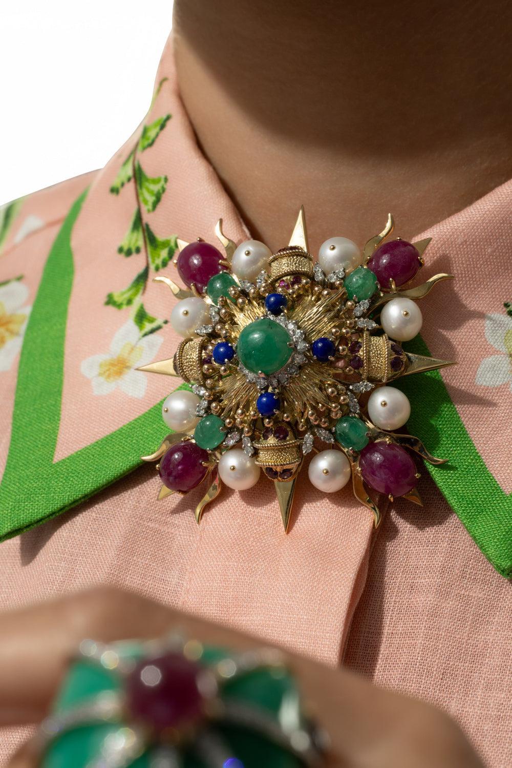 Emerald Sapphire Ruby Brooch-YELLOW GOLD-JEWELRYFINE JEWELPIN-TONY DUQUETTE