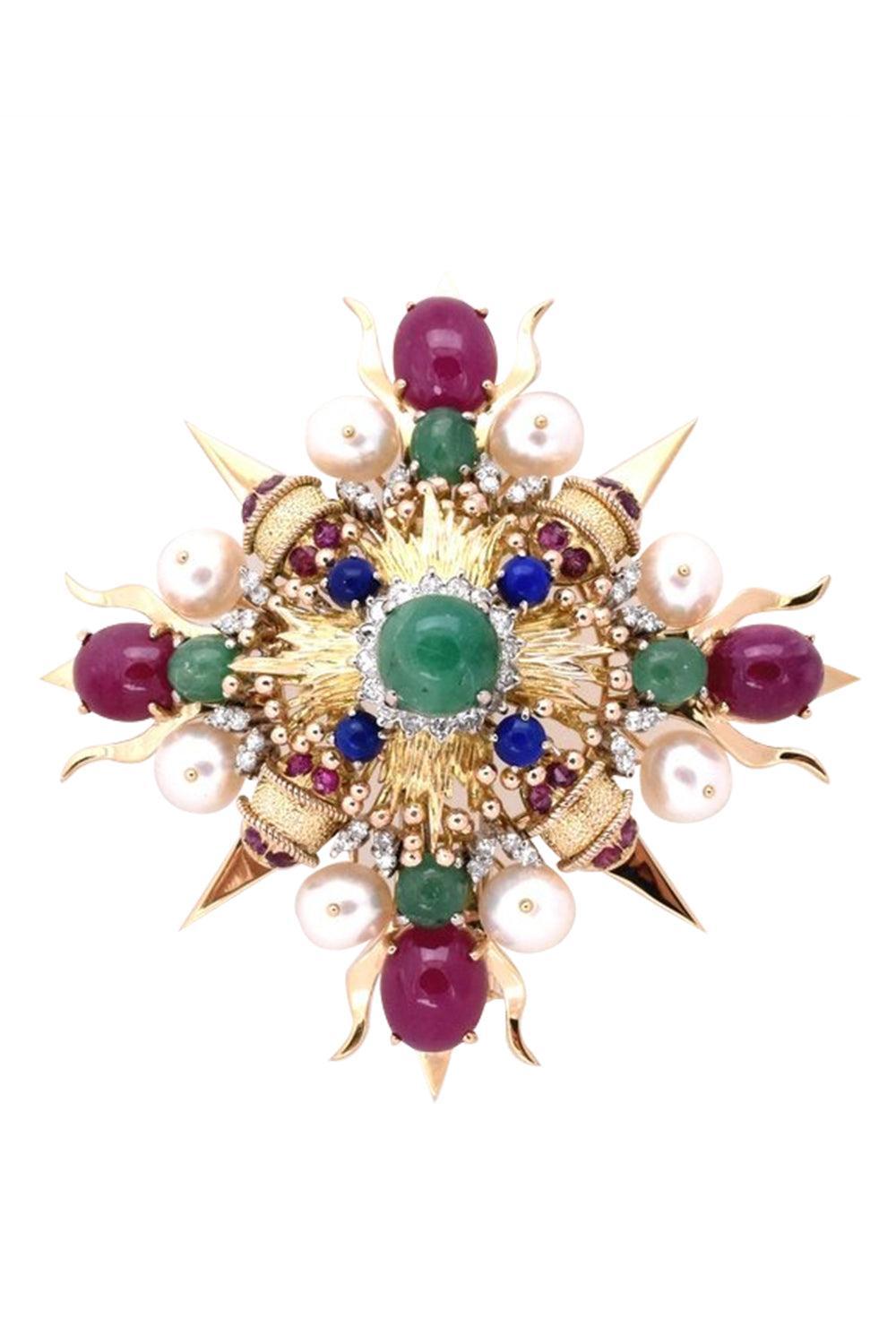 Emerald Sapphire Ruby Brooch-YELLOW GOLD-JEWELRYFINE JEWELPIN-TONY DUQUETTE
