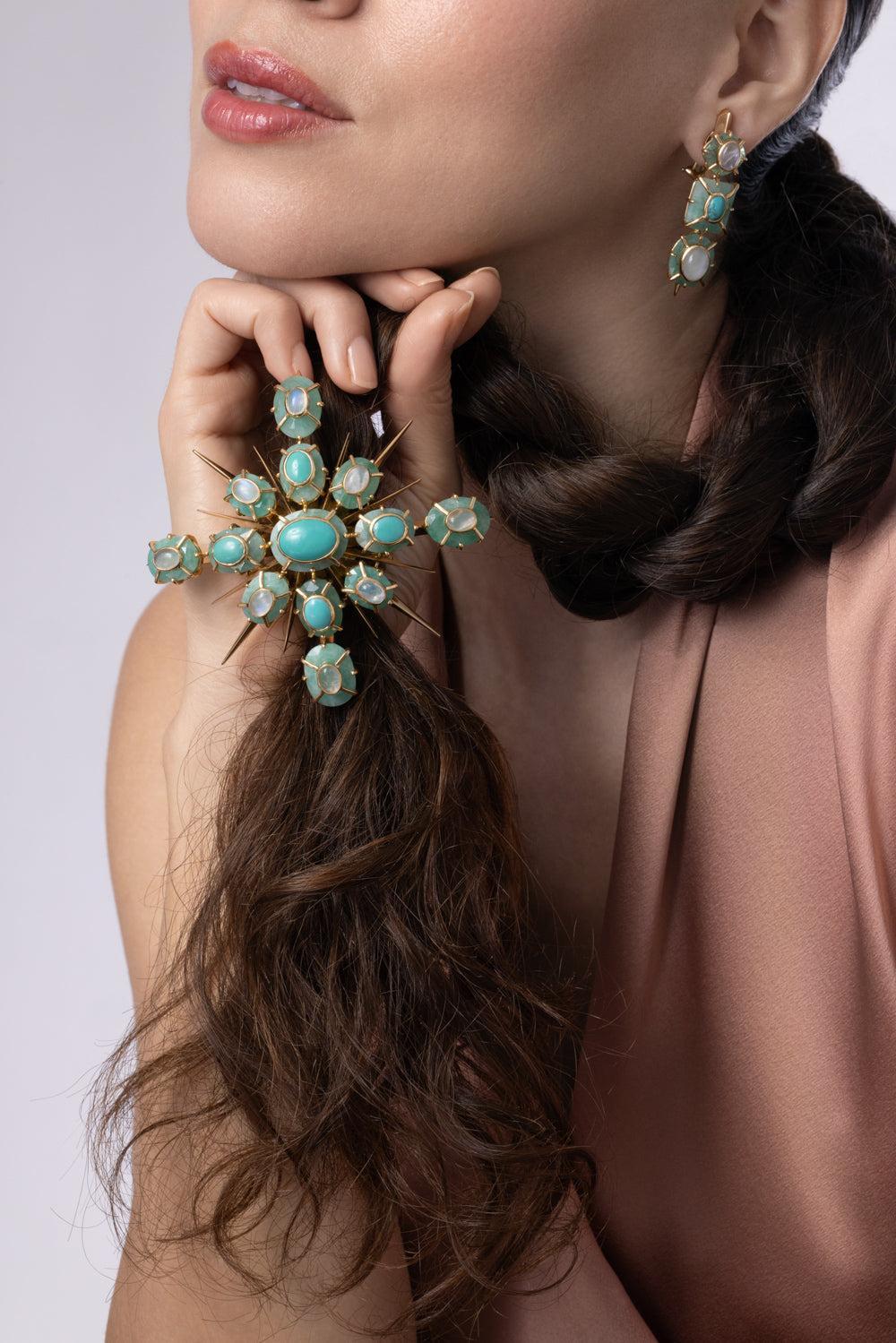 Emerald Turquoise Moonstone Brooch-YELLOW GOLD-JEWELRYFINE JEWELPIN-TONY DUQUETTE