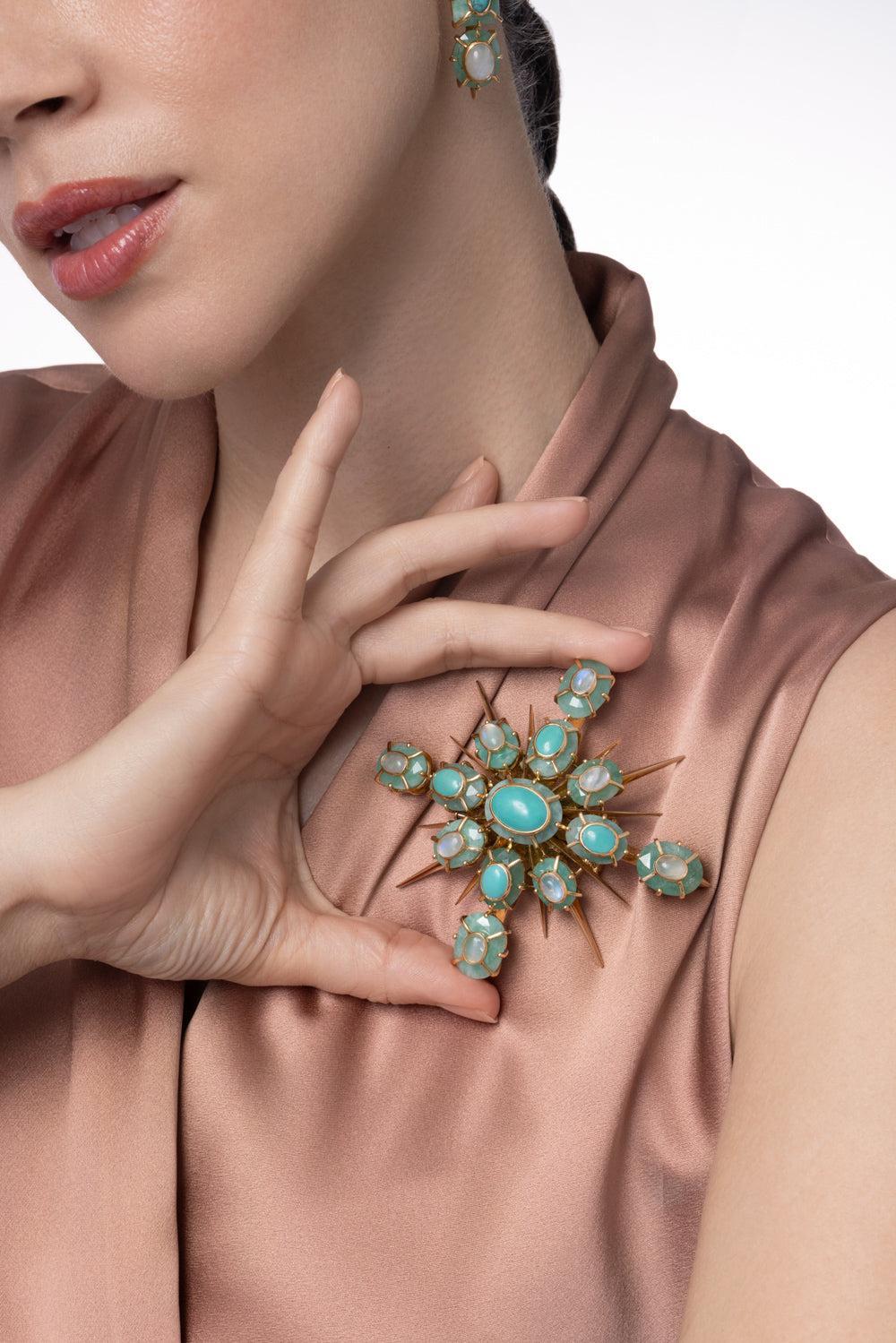 Emerald Turquoise Moonstone Brooch-YELLOW GOLD-JEWELRYFINE JEWELPIN-TONY DUQUETTE