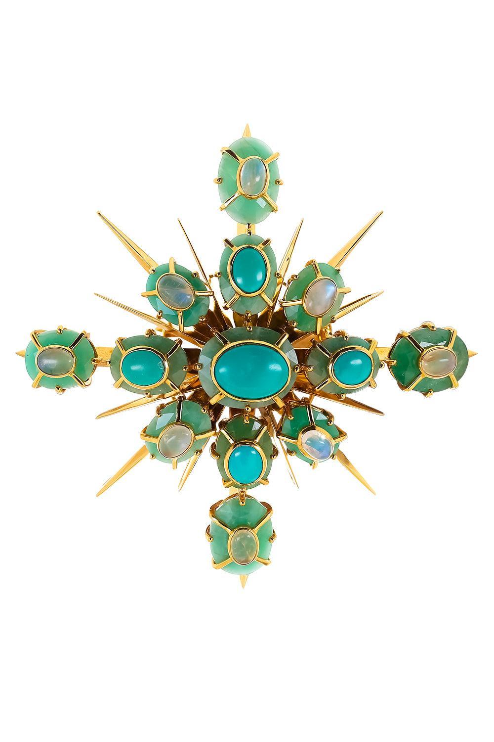 Emerald Turquoise Moonstone Brooch-YELLOW GOLD-JEWELRYFINE JEWELPIN-TONY DUQUETTE