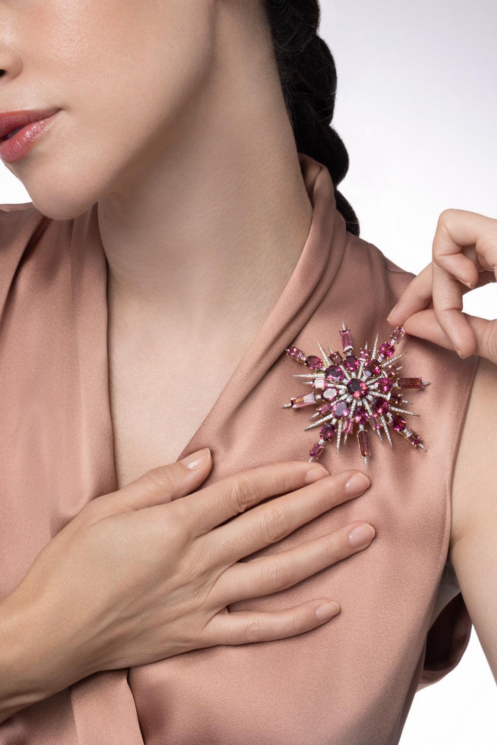 Pink Tourmaline Diamond Brooch-YELLOW GOLD-JEWELRYFINE JEWELPIN-TONY DUQUETTE