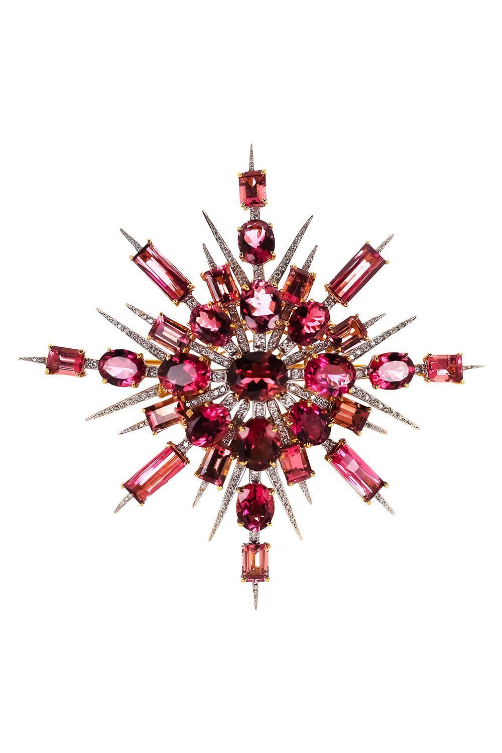 Pink Tourmaline Diamond Brooch-YELLOW GOLD-JEWELRYFINE JEWELPIN-TONY DUQUETTE