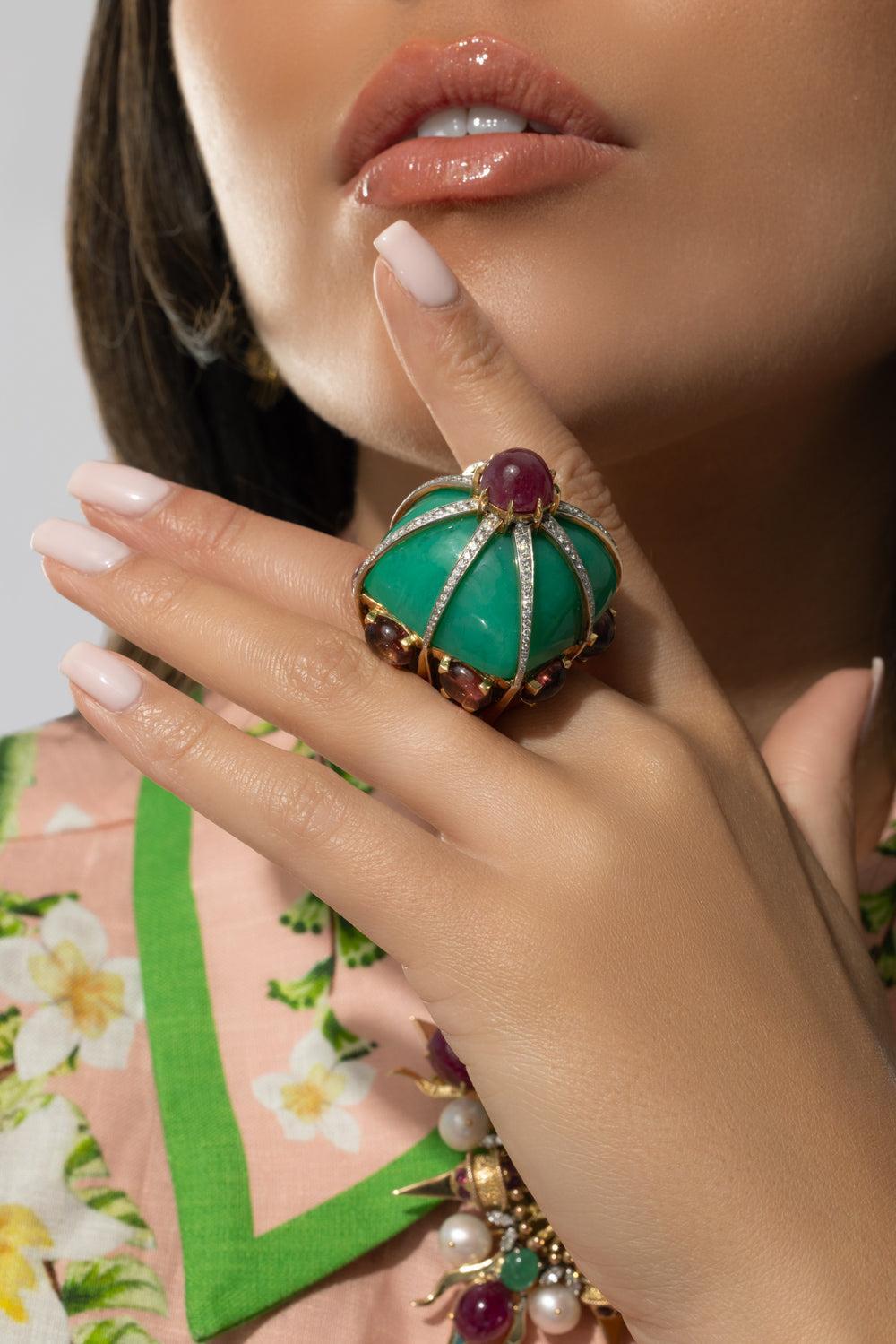Chrysoprase Ruby Tourmaline Ring-YELLOW GOLD-6.75-JEWELRYFINE JEWELRING-TONY DUQUETTE