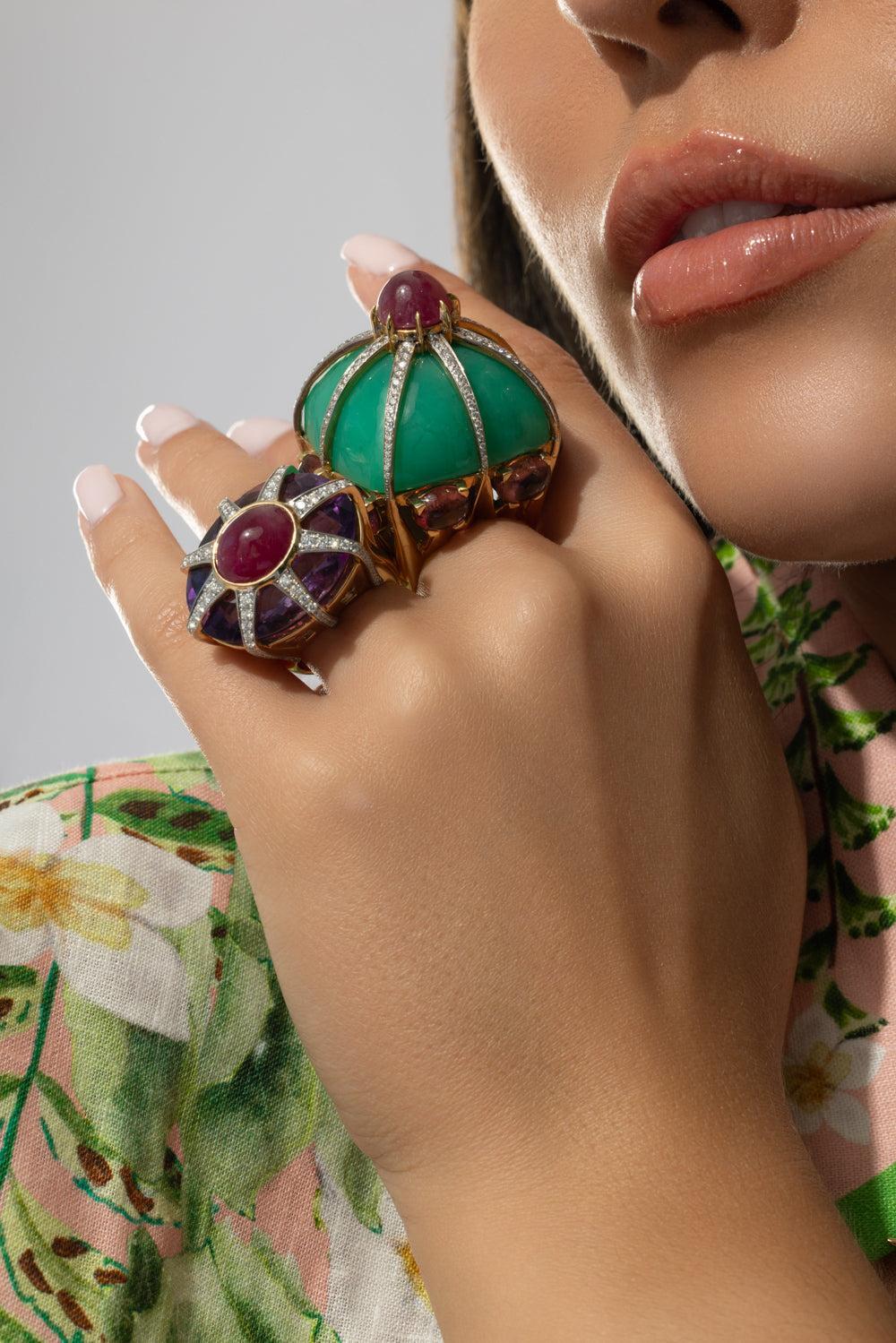 Chrysoprase Ruby Tourmaline Ring-YELLOW GOLD-6.75-JEWELRYFINE JEWELRING-TONY DUQUETTE