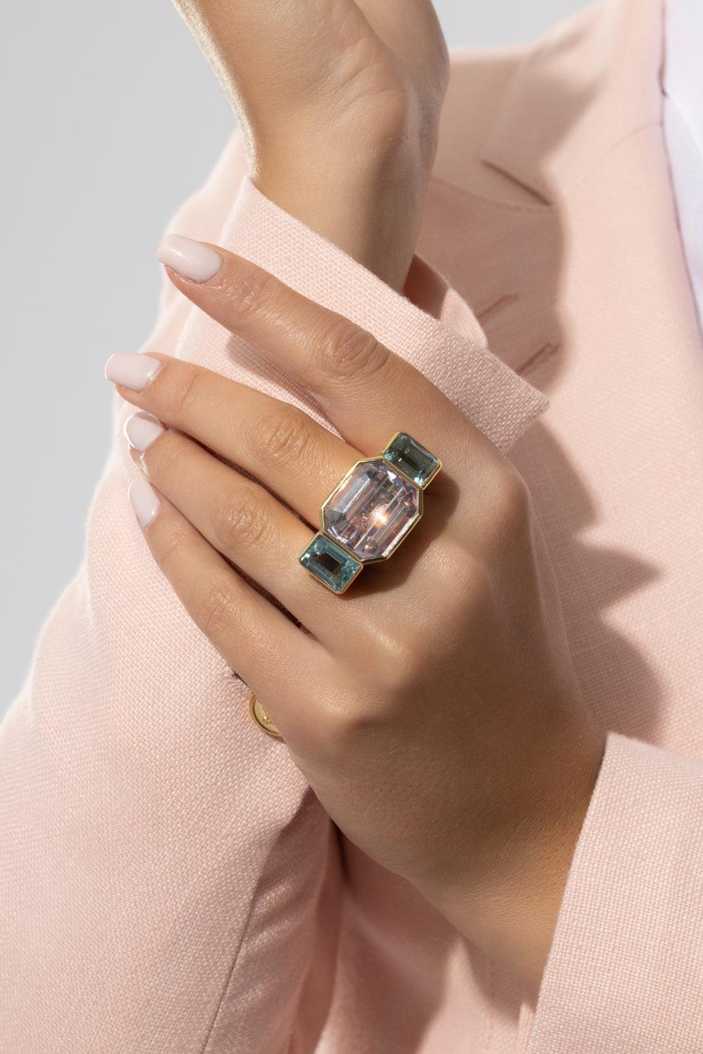 Kunzite Aquamarine Garnet Ring-YELLOW GOLD-7-JEWELRYFINE JEWELRING-TONY DUQUETTE