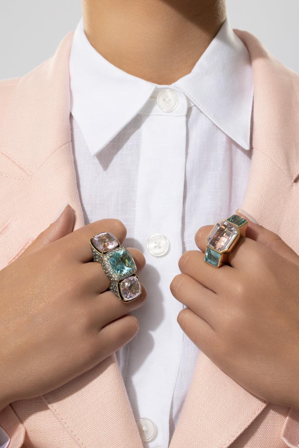 Kunzite Aquamarine Garnet Ring-YELLOW GOLD-7-JEWELRYFINE JEWELRING-TONY DUQUETTE
