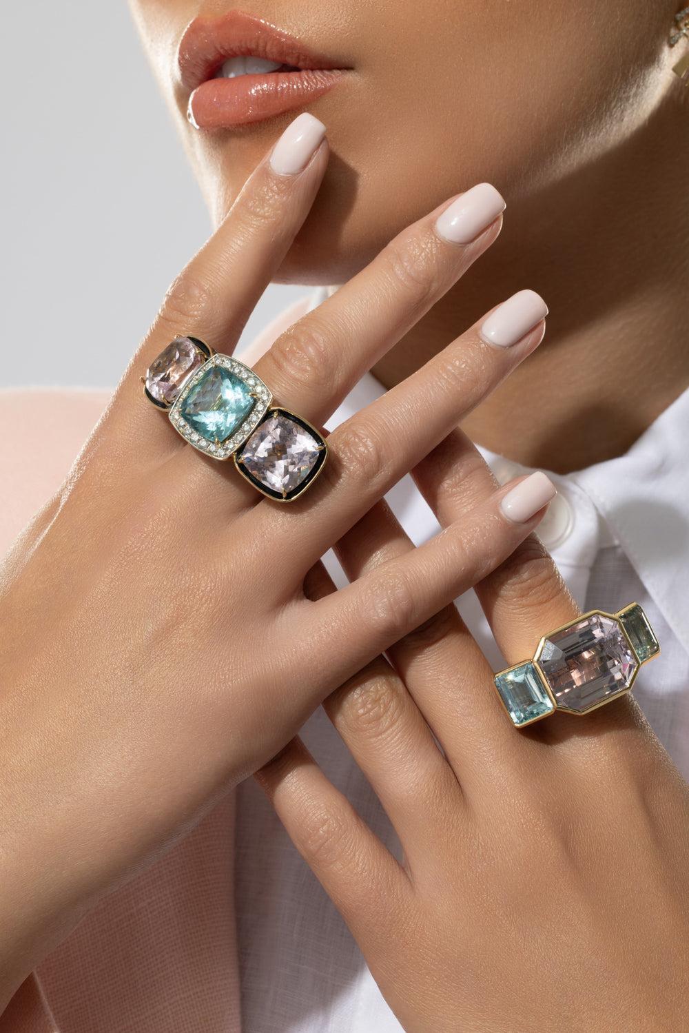 Kunzite Aquamarine Garnet Ring-YELLOW GOLD-7-JEWELRYFINE JEWELRING-TONY DUQUETTE
