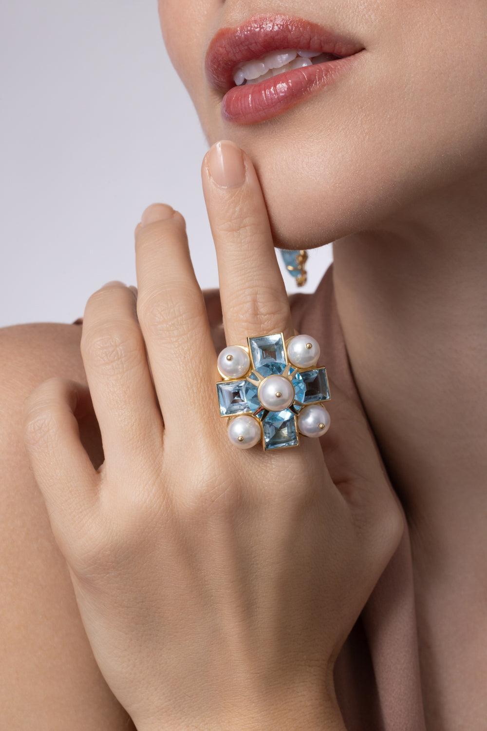 Blue Topaz Pearl Cross Ring-YELLOW GOLD-7.25-JEWELRYFINE JEWELRING-TONY DUQUETTE