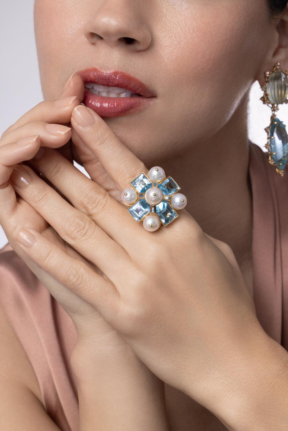 Blue Topaz Pearl Cross Ring-YELLOW GOLD-7.25-JEWELRYFINE JEWELRING-TONY DUQUETTE