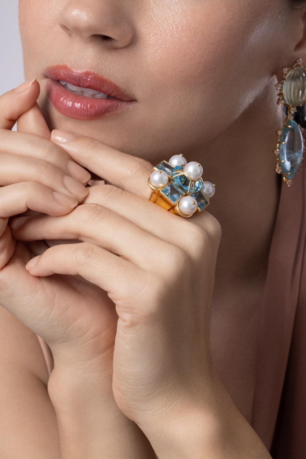 Blue Topaz Pearl Cross Ring-YELLOW GOLD-7.25-JEWELRYFINE JEWELRING-TONY DUQUETTE