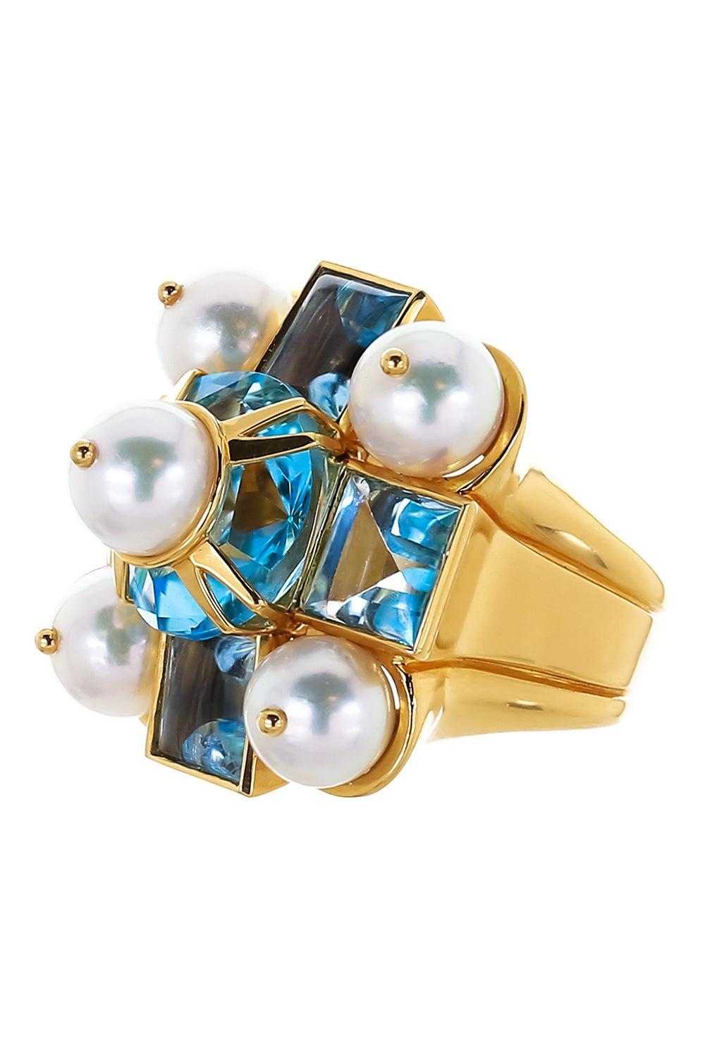 Blue Topaz Pearl Cross Ring-YELLOW GOLD-7.25-JEWELRYFINE JEWELRING-TONY DUQUETTE