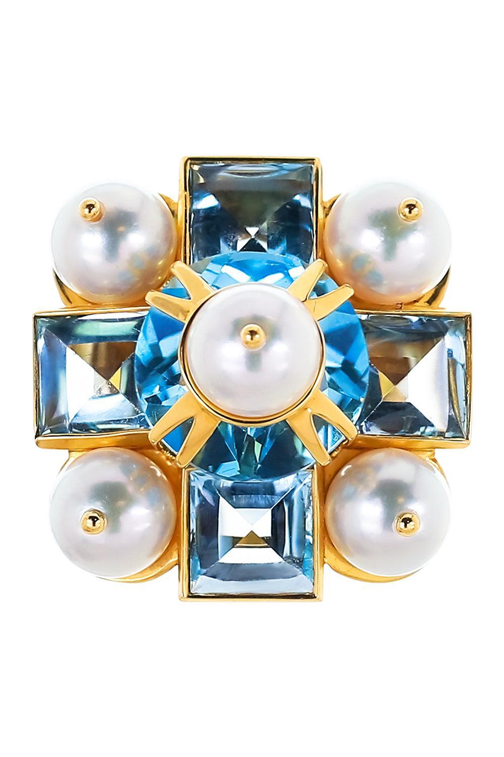 Blue Topaz Pearl Cross Ring-YELLOW GOLD-7.25-JEWELRYFINE JEWELRING-TONY DUQUETTE