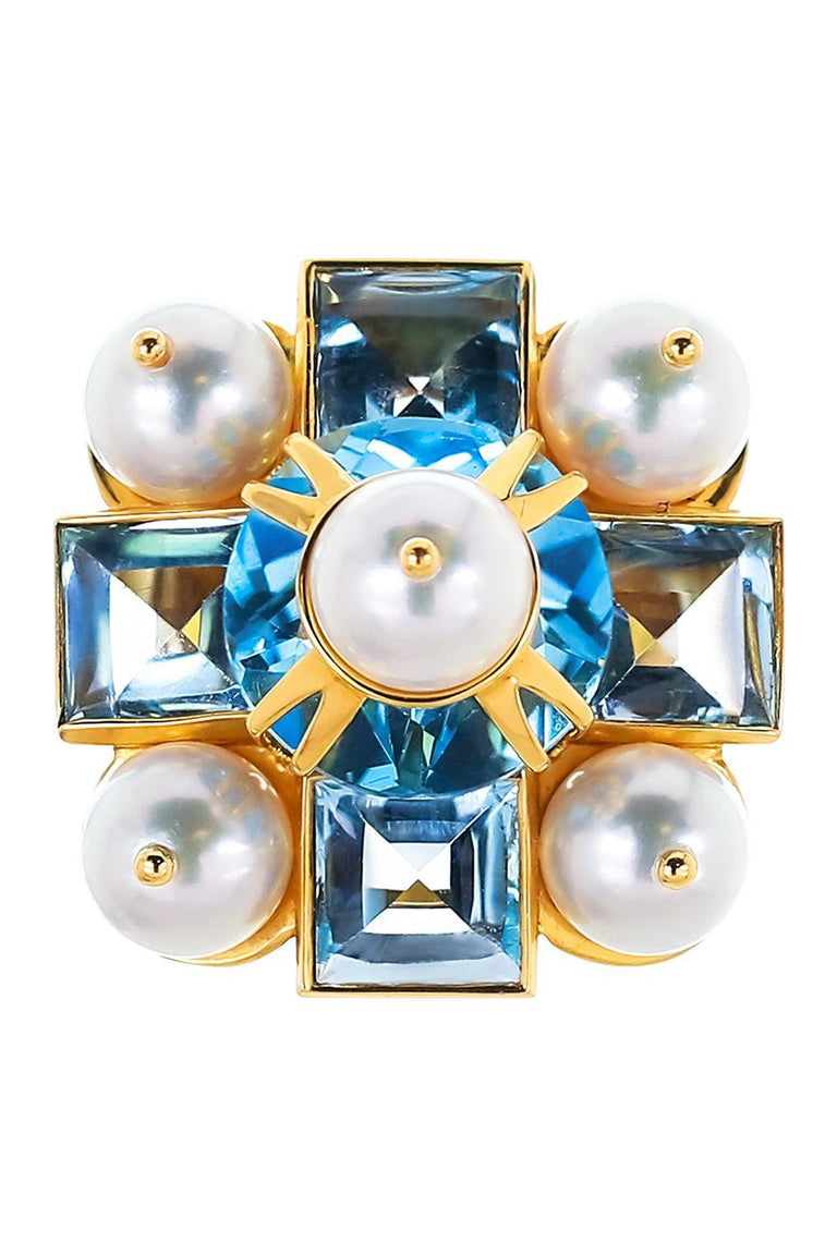Blue Topaz Pearl Cross Ring